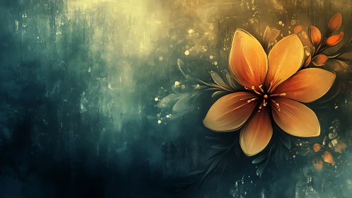 Orange flower with subsidiary buds against atmospheric teal and gold background rendering.