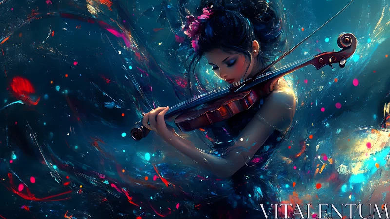 Violinist lost in swirling colors and gentle night magic.