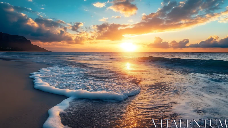 Sun-drenched surf whispers across a glowing pastel shoreline.