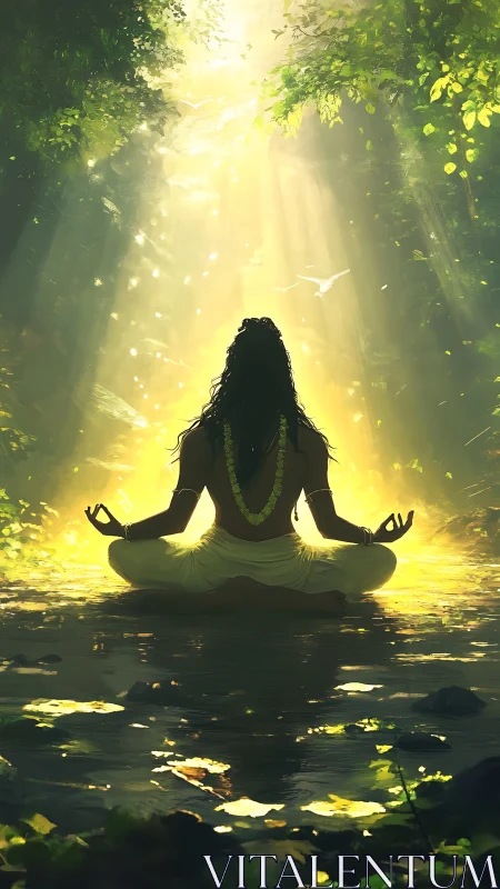 Forest yogi drinking sunlight in a river of quiet gold.