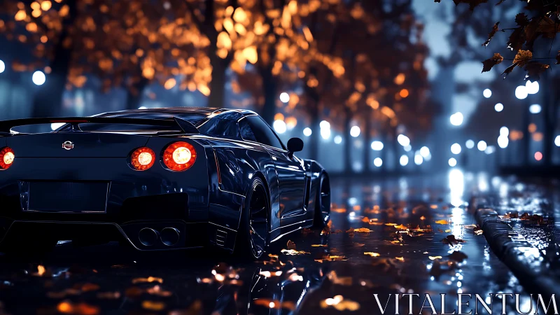 Midnight sports car on wet city avenue with autumn lights.