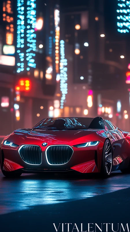 Futuristic red BMW concept car glows under neon city lights