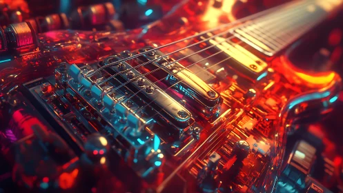 Futuristic electric guitar with transparent, glowing body.