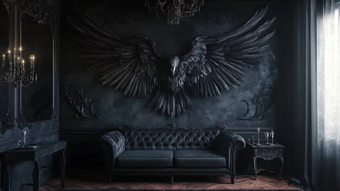 Dark winged raven mural dominates moody gothic lounge wall.