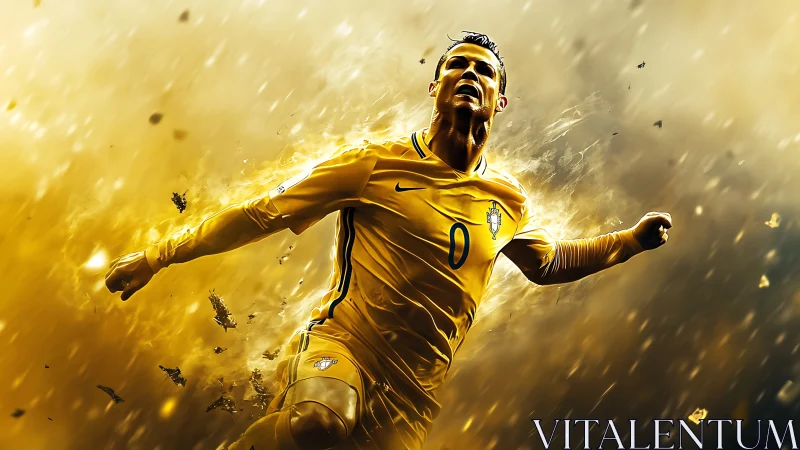 Dynamic soccer forward in explosive golden digital painting.