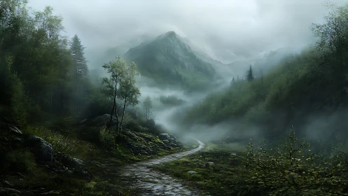 Misty mountain valley holds winding stone forest path