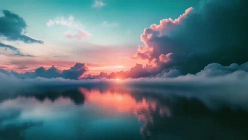Sunset sky reflects over calm water beneath towering clouds