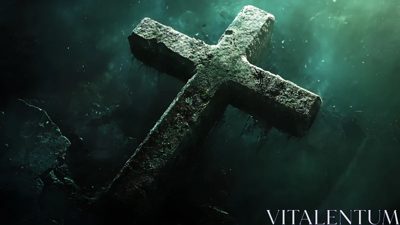 Weathered stone cross in dark underwater green light.