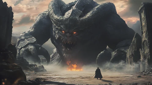 Colossal horned creature confronting lone cloaked figure.