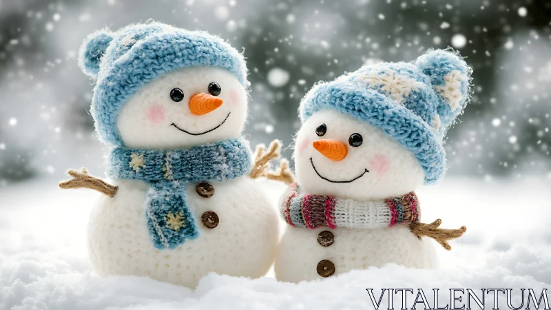 Knit-textured snowmen with carrot noses in shallow-depth snowy field