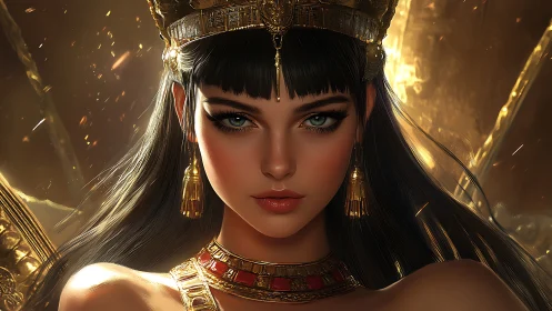 Golden gaze of a modern Egyptian queen in warm light.