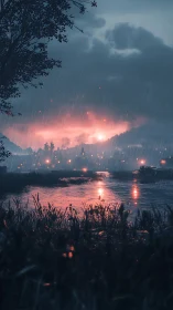 Rainy riverside landscape under pink illuminated sky.