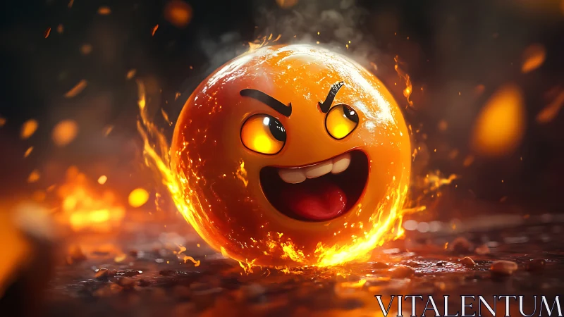 3D flaming emoji sphere with expressive cartoon face design.