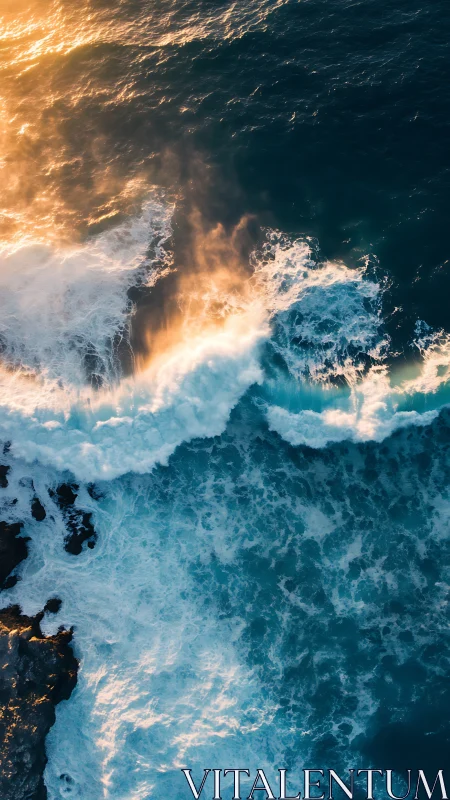 Sunlit breakers collide with deep teal sea in soaring view