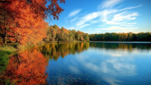 High saturation autumn forest reflected on still lakeside water