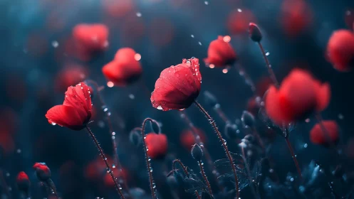 Red Poppies with Crystalline Water Droplets in Teal Bokeh Field