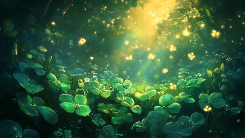 Glowing butterflies drift through a dreamy sunlit forest glade