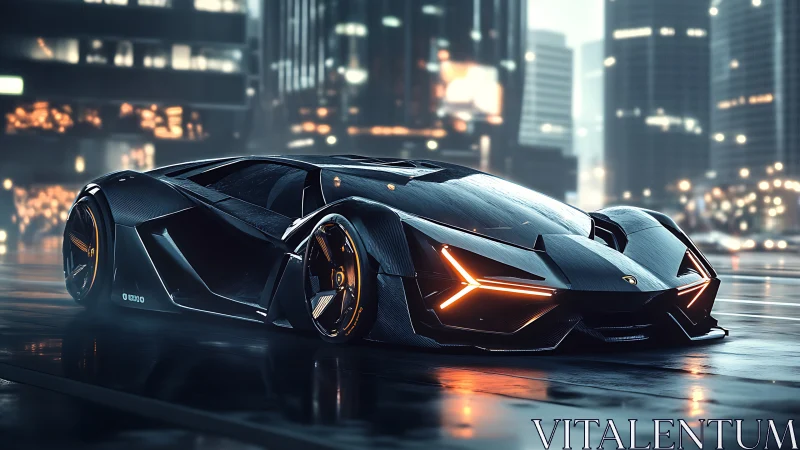 Low-slung carbon hypercar with LED blade lights in wet neon city