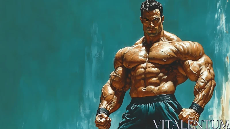 Powerful bodybuilding hero against bold teal backdrop.