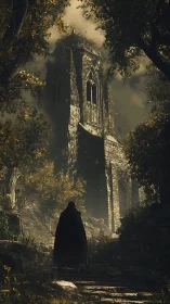 Cloaked figure approaching tall ruined stone tower in forest.