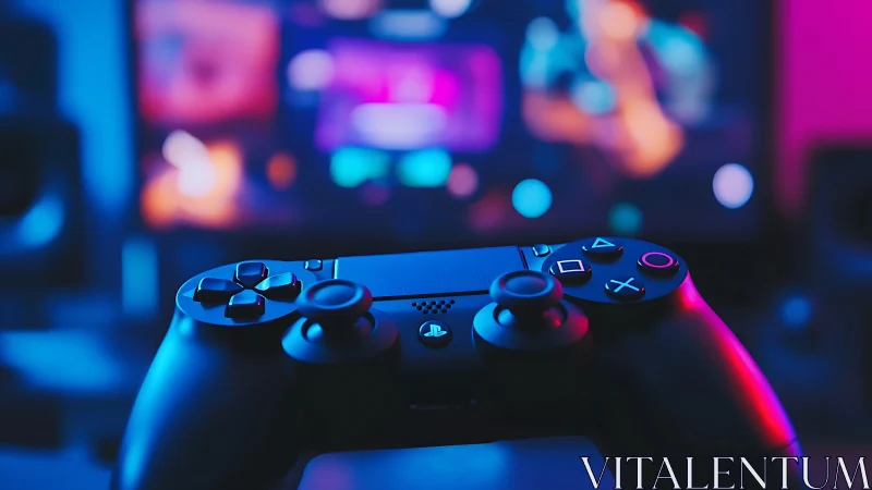 Neon-lit game controller framed by blurred gaming screen.