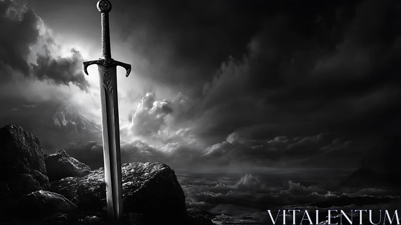 Legendary sword stands against storm over dark shoreline