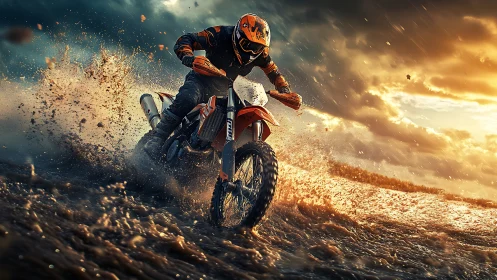 Dynamic motocross rider in dramatic storm-lit mud spray scene.