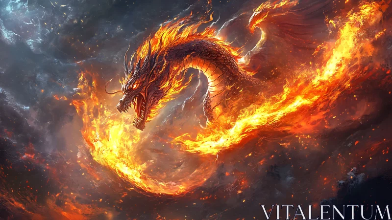 Fire dragon arcs through stormlit sky in blazing fury.