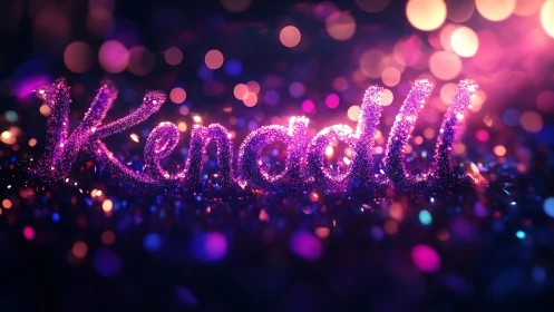 Glittering neon Kendall text glows amid vibrant bokeh lights