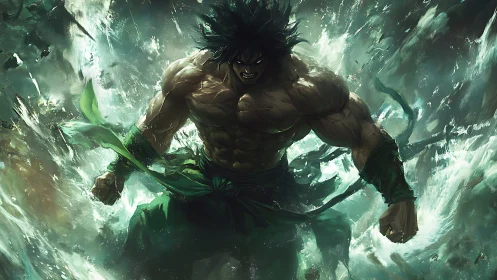 Muscular warrior in turbulent green energy vortex environment.