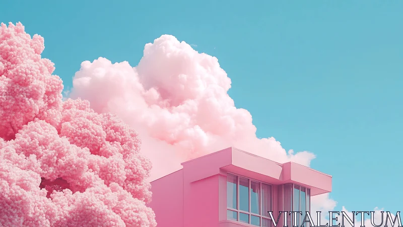 Pink modern house stands beside fluffy tree under cyan sky