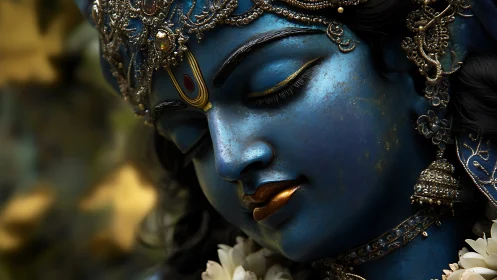 Serene blue deity in jeweled splendor and whispered gold light.