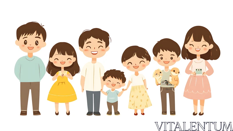 Cartoon family group with seven members standing together