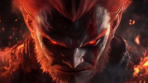 Fiery red haired warrior with glowing eyes in embers.