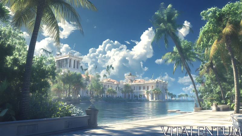 Neoclassical Waterfront Architecture Rendered with High Dynamic Range Lighting and Tropical Vegetati
