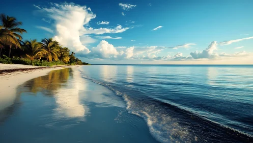 Tropical shoreline at calm sunset rendered in photoreal detail