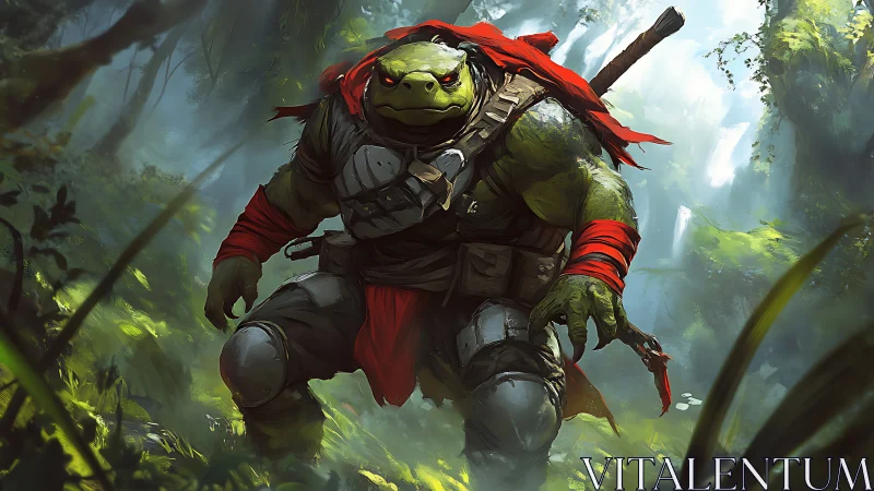 Armored mutant turtle warrior advancing through jungle.