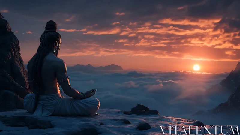 Meditating ascetic overlooks blazing cloud sea sunrise