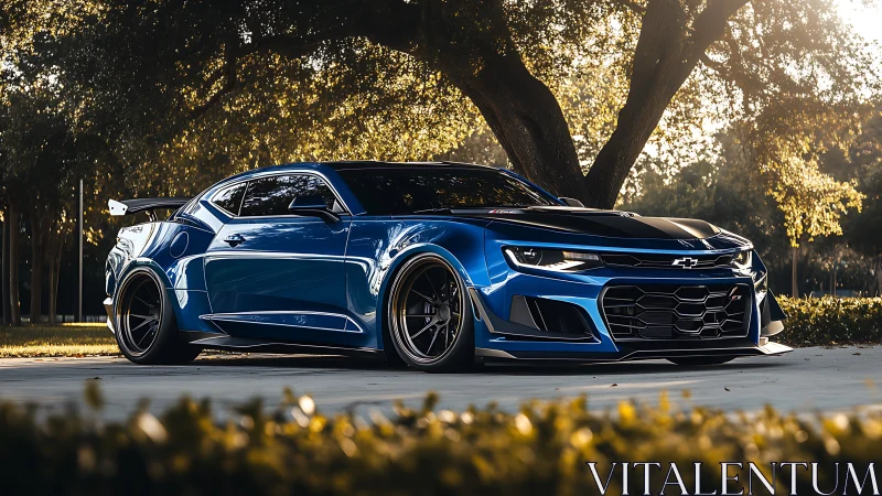 Blue Chevrolet sports coupe parked under shady trees.