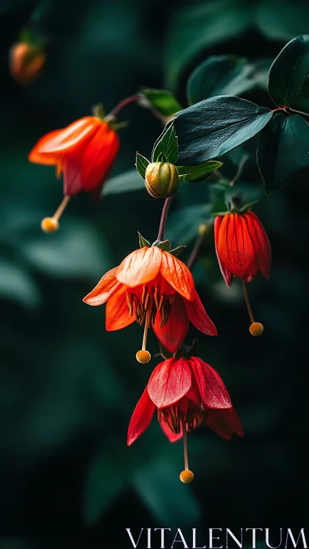 Red Nodding Flowers with Green Foliage Against Dark Background