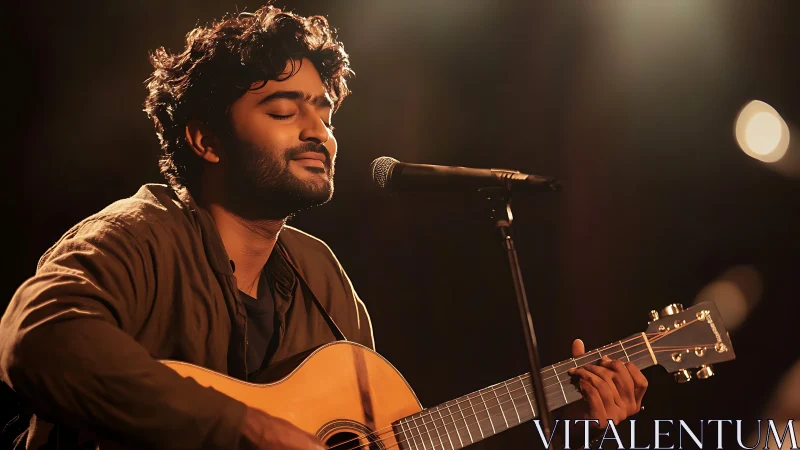 Guitarist sings softly under warm stage spotlight
