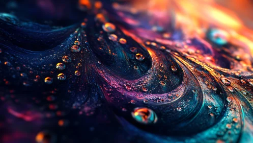 Macro view isolates liquid droplets on multicolored surface