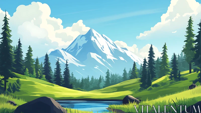 Snow-covered mountain rises above stylized conifer valley