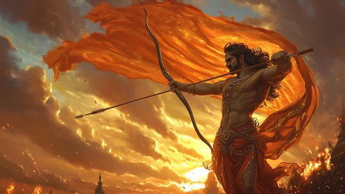 Warrior archer draws blazing bow against a fiery sunset sky.