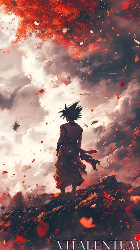 Lone warrior on cliff under stormy sky and red leaves.