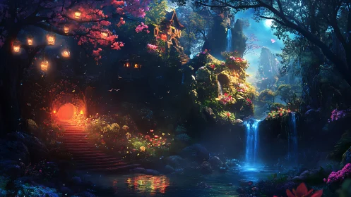 Fantasy forest sanctuary with glowing gate and falls.