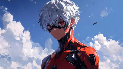 White-haired figure in red exosuit stands under open sky