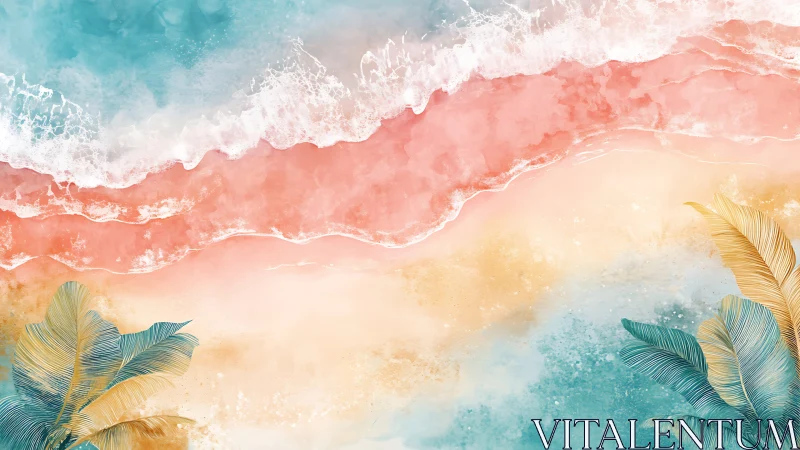 Cotton-candy shoreline and tropical palms in watercolor hush.