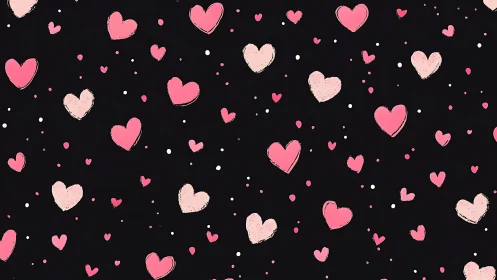 Pink and Cream Hearts Scattered Across Black Background with Metallic Accents.