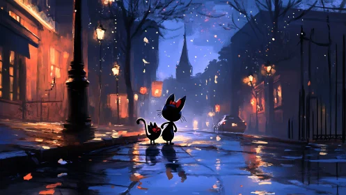 Silhouetted Cats in Luminous Urban Twilight.